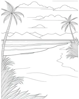 Coloring pages: A serene beach scene with soft golden sand, palm trees swaying gently in the breeze, and crystal-clear turquoise water. The image should evoke a sense of calmness and relaxation, allowing readers to imagine themselves lounging on the beach, feeling the warm sun on their skin.