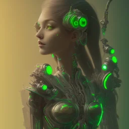 A beautiful portrait of a single minded cute cyberpunk woman, wolf haircut lime green color scheme, high key lighting, volumetric light high details with a lizard like alien with feathers. 3/4 torso