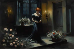 Night, flowers, one woman, gothic horror movies influence, creepy, mistery, wilfrid de glehn and rodolphe wytsman impressionism paintings