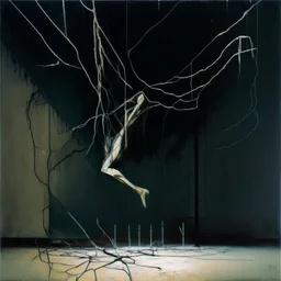 Minimal abstract oil painting of a falling person limbs sinew. Amongst concrete fragments brutalist architecture and hanging wires illuminated at night. In the style of Justin Mortimer and Francis bacon