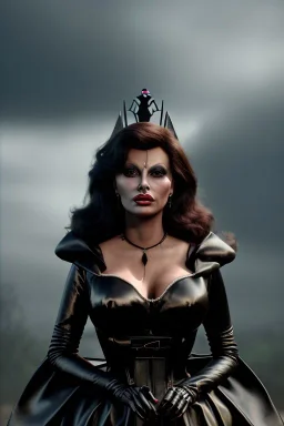 young sophia loren as evil queen in black leather, angry, stern look, volumetric lighting, particales,highly detailed,cinematic, deep colours,8