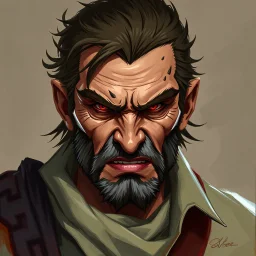 dnd, fantasy, large strokes, stylistic, portrait, illustration, artistic, professional illlustration, male, face, weathered face, sly, violent, evil, vigorous, rogue, criminal