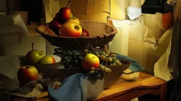 Still life. Apples. Pears. Grapes. Dishes. Oranges. Wood table