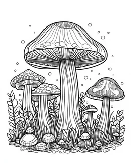 mushroom world minimalistic landscape. line art, background, vector, svg, coloring book page style, black outline on white background