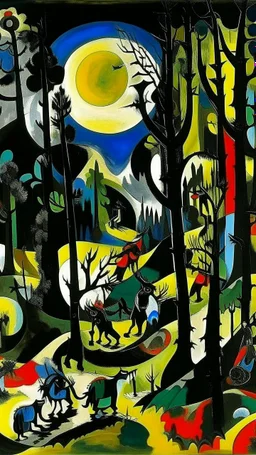 Black warped woodlands with dead trees and shadow monsters painted by Wassily Kandinsky