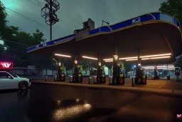 bikerhangout,gas station,night lighting,rainy, realistic, unity engine, cinematic lighting, scriptable render pipeline.