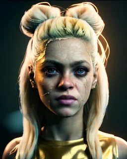 portrait, Shakira, blonde artist, angry, Realistic image, MMA robe, hoodie, mma gloves, loose long hair, eyes make up, gold make up, moisture, sweat, fog, Neon colors, leds. Dark background, photo studio, concept art, smooth, unreal engine 5, god lights, ray tracing, RTX, lumen lighting, ultra detail, volumetric lighting, 3d, finely drawn, high definition, 4k.