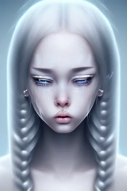 Crying girl, sad, expressive, emotive, frowning, furrowed eyebrows, pouting lips, light blue skin, white long flowing hair