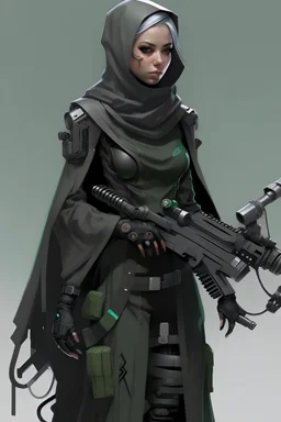 Hyper cyberpunk kebaya dress hijaber indonesia, weapon, realistic, full body