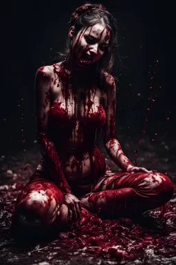 Petit weird woman with many guts from his body, sit pose, fullbody, splashes blood, behind guts rising from the ground, darkred tones, macro photography,