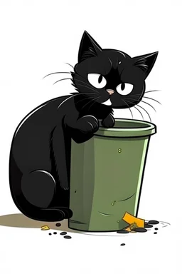 black thin cat cartoon eating from dustbin