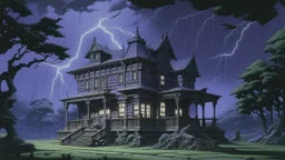 A grayish purple haunted mansion in a lightning storm painted by Frank Lloyd Wright
