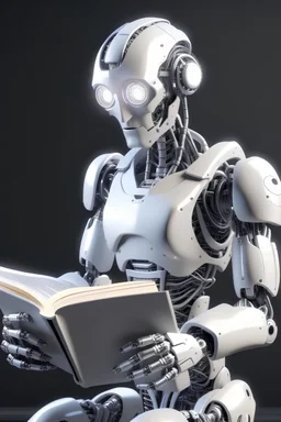 robot reader holding a book, hyper-detailed 8k