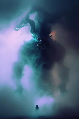 fog and smoke in a shape of a monsterous demon humanoid and a colour of a storm