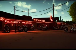 white american biker bar, roadside ,country, night lighting , realistic, unity engine, cinematic lighting, scriptable render pipeline.