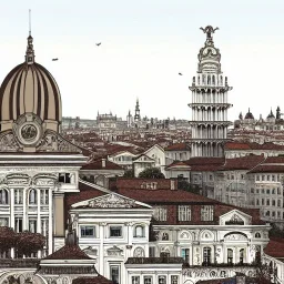 Skyline of a city Beaux Arts architecture,+palladio+detailed facades+uphill road+trees+ biopunk+Bueno Aires+turin+trieste+Book illustration by Gediminas Pranckevičius, Jean Baptiste Monge, Brian Kesinger,Kilian Eng, strong lines, high contrast vibrant colors, highly detailed, 16k resolution, trending on behance""