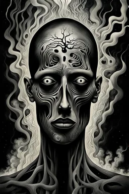 A surreal, painful and symbolic portrait of a human being slowly consumed by living darkness. Pale human skin, hollow face with empty black eyes, expression of painful realization. The darkness is not just shadow but a living entity emerging from the mind itself, abstract shapes and impossible forms rising like smoke from the depths of the subconscious. The shadows crawl across the face and body, devouring identity.
