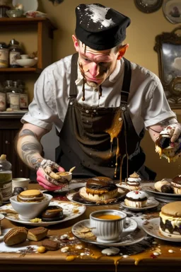 a young mechanic man covered in grease enjoying high tea by himshelf with little cakes