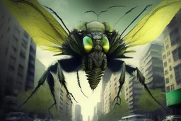 insecto extremadamente grande, de ojoso amarillos y alas verdes y muy feo y me atacando una ciudad