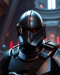 star wars bald male corellian pilot wearing pearlescent black and gunmetal grey First Order special forces heavy assault stealth commando armor and helmet with mirrored visor and gold and metallic red trim inside the jedi temple, hyperdetailed, dynamic lighting, hyperdetailed background, 8k resolution, volumetric lighting, light skin, fully symmetric details