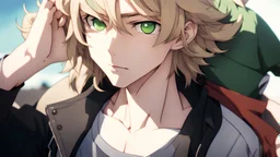 The handsome and perfect portrait is on Spruce Street, anime, blonde-haired and green-eyed male character on the beach for the magazine, 8K resolution, high quality, ultra graphics, and detailed with lines.