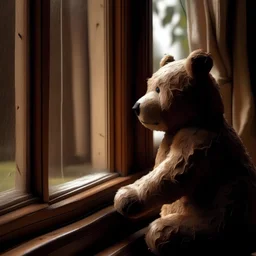 bear waiting for bunny by window