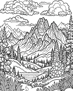 Cute cartoon coloring page , colors inside , black and white outline in cartoon style , leaves outline in background outline art for adults coloring book a line drawing no grey color drawing with pen outline art for adults coloring book,A majestic mountain landscape with the first rays of sunlight illuminating the snow-capped peaks, with shimmering lakes in the foreground and a pine forest below." white background, sketch style, only outlines used, carto