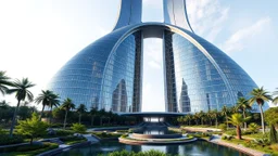 A futuristic skyscraper designed with sweeping parabolic curves, where the entire façade is made of reflective glass. The building rises gracefully toward the sky, with its symmetrical parabolic arc creating a sense of balance and elegance. Surrounding the structure are lush gardens and flowing water features that mirror the curves of the building. Photograph.