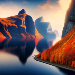 Nærøyfjorden Verdsarvpark, viking ship, rock giant, autumn, autumn sand storm, in the style of pixar