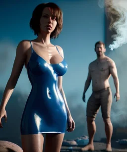 Realistic image, waist up view, a woman making the fuck off gesture with his hand, blue smoke coming out of his nose and mouth, happy. Latex inflatable dress, soft color, highly detailed, unreal engine 5, ray tracing, RTX, lumen lighting, ultra detail, volumetric lighting, 3d, finely drawn, high definition, high resolution.