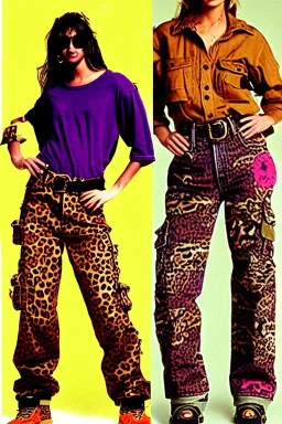 year 1997 denim fashion, "grunge combat pants", cargo, Loose fit, low waist, baggy. Colors: denim blue, blue, purple, khaki, light green, lilac, plum, orange, terracotta, red, pink, dark blue, beige. Patterns: cheetah, balls, stripes. cheetah belt. Something between camouflage and cheetah prints. Women models. Sharon Stone, Sandra Bullock, Winona Ryder, Milla Jovovich, Big tennis shoes on. Latex in small part, areas, clothes..Combat pants. Leg warmers.