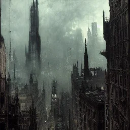 Skyline , Gotham city,Neogothic architecture, by Jeremy mann, point perspective,intricate detailed, strong lines, John atkinson Grimshaw,pipes, chimneys