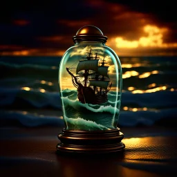 view of turbulent swells of a violent ocean storm, inside a glass bottle on the beach ม dramatic thunderous sky at dusk at center a closeup of large tall pirate ship with sails, breaking light, photo, 3d render