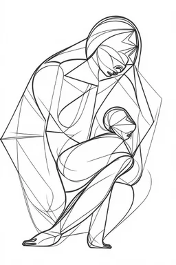 Abstract Picasso style drawing of a woman making pilates with a baby. No faces. Outline only