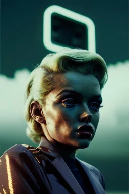 Ultra Realistic retro sci-fi scene, portrait, blonde woman, sweet young Marilyn Monroe face, perfect iris, tight latex coat, Strange planet background, Retro sci-fi style helmet, fog, rain, soft color, highly detailed, unreal engine 5, ray tracing, RTX, lumen lighting, ultra detail, volumetric lighting, 3d, finely drawn, high definition, high resolution.