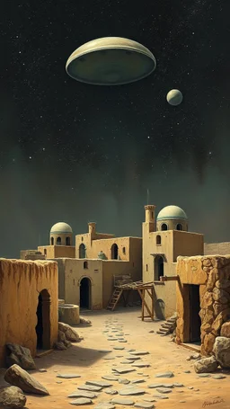 A village from star war movie at Sidi Bouhle in Tunisia a site for ufo base with aliens solders Bosch painting style nightmare