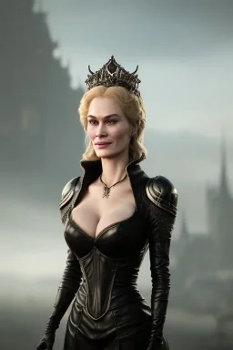 Cersei Lannister as evil queen in black leather, busty, cleavage, curvy, lena headay, angry, stern look. character design by cory loftis, fenghua zhong, ryohei hase, ismail inceoglu and ruan jia. unreal engine 5, artistic lighting, highly detailed, photorealistic, fantasy