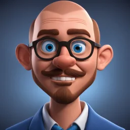 a portrait of western man. caricature. brown bald hair. light skin. blue eye pupils. rectangle eyeglasses, black frame. heart face shape. has a lot of goatee. wear blue formal dress. pixar style. 3D. 4k. portrait. highly detailed. sharp focus. high resolution. full color. cinema lighting