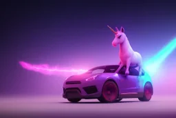 one glowing unicorn in a car in space,unicorn has carrot in mouth . nebula in the backround,