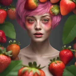 An amusing parody, an old, decomposing strawberryzombiegorillawitch with pixie-cut hair, wearing rotting underwear, 4k, 8k, 32k UHD, Hyper realistic, extremely colorful, vibrant, photorealistic, realistic, sharp, highly detailed, professional quality,