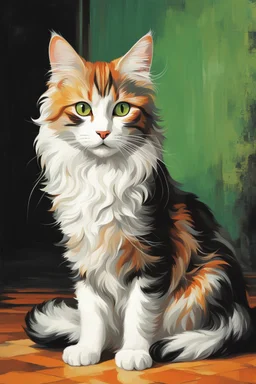 Retro art of a beautiful cat with long, wavy, thick hair, pointed ears, bright green eyes, orange, black and white colors, ultra quality, (((full body))), sitting on the floor