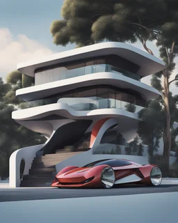 A modern country house, neofuturistic, retro anime art style, contrasting colors. Ultra quality, hyper detailed. By Zaha Hadid