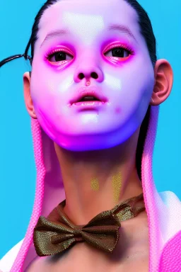 Ultra Realistic image, Rosalía artist, natural body ,portrait, normal complexion, portrait, clean skin, two bows, little chopsticks hair , black eye long line, sweet face, t-shirt with holes, inflatable open coat, gold pink and blue style, spray line glow, big geometric led jewelry, fog, hot, inflatable style latex coat, vibrant color, highly detailed, art stations, concept art, smooth, unreal engine 5, god rays, ray tracing, RTX, lumen lighting, ultra detail, volumetric lighting, 3d.