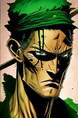 A comic portrait of Zoro, from che One Piece anime