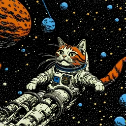 Space stars with rocket and cat astronaut animated, style of Neal Adams