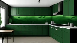 kitchen with dark green furniture, forest wallpaper on a white wall, very realistic