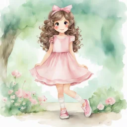 watercolor, full body, different poses, cute smile girl, curly hair, big eyes, long brown hair, pink dress, pink shoes, white backgrownd