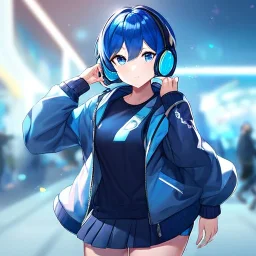 Clear focus,High resolution, Vibrant short blue hair, Vibrant blue eyes, Wearing a short skirt, Wearing a jacket, Wearing headphones