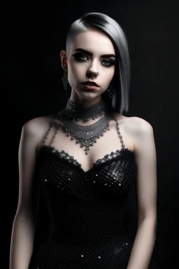 a female model in a square neckline dress with silver stones on the dress with a gothic style on a runaway