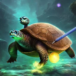 League of Legends style art, Fantastic digital art of a sitting meditating turtle holding a wooden rod, high definition, magical powers, close shot, background galaxy, 8k, extremely detailed